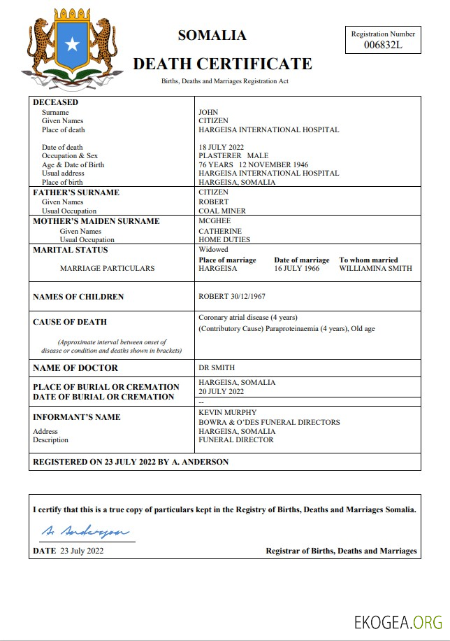 Modèle Word et PDF de certificat de décès de l'état civil de la Somalie